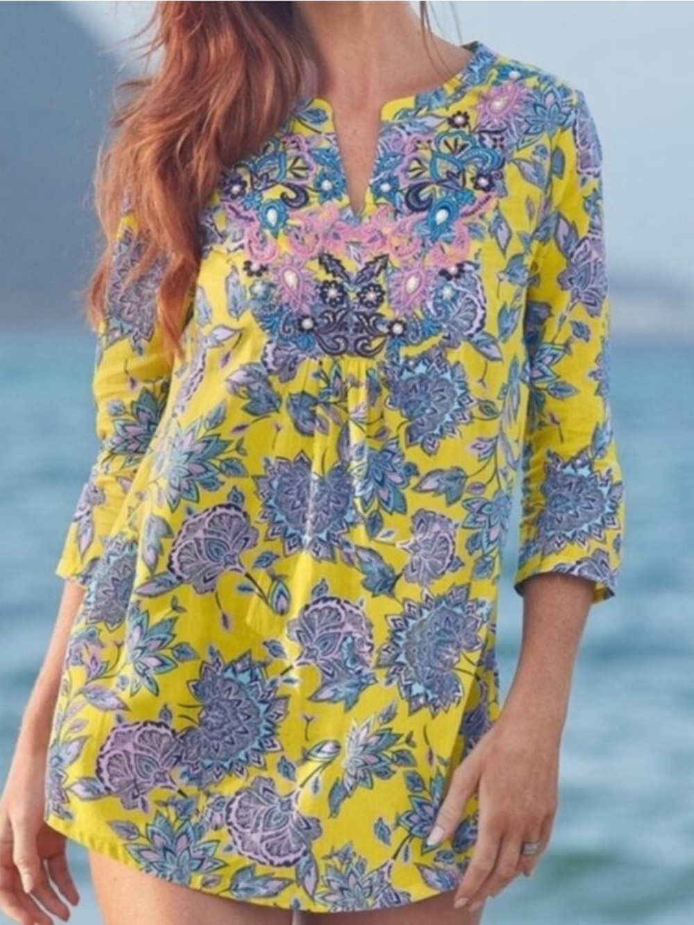 Sundance Floral Print Yellow Top with Blue and Lavender Accents